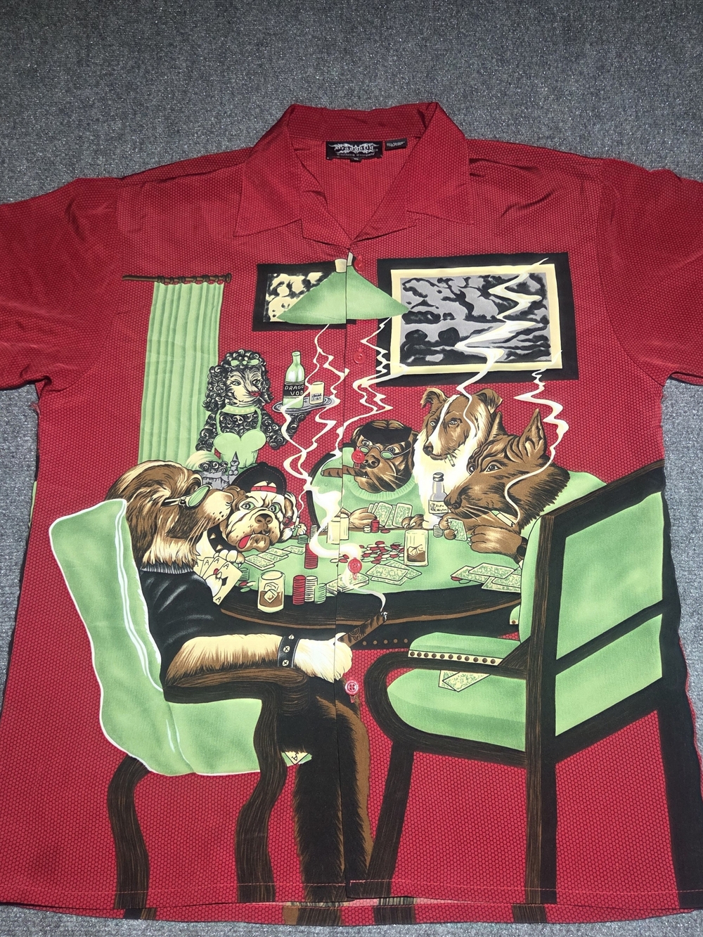 Vintage Dragonfly Clothing Co Shirt XL Dogs Playing Poker Red Short Sleeve Y2K